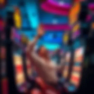 A thrilling moment captured as a player celebrates a big win at a slot machine