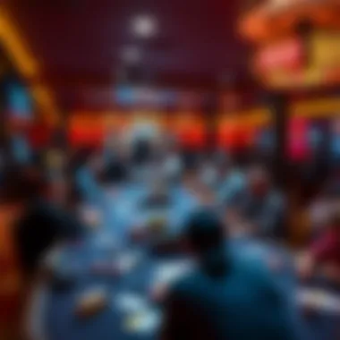 A panoramic view of a packed poker room filled with passionate players