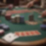 A detailed view of a Texas Hold'em table setup with cards and chips.