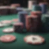 A detailed overview of poker chips and cards laid out on a table