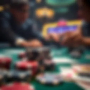 Close-up of poker chips and cards during an intense game