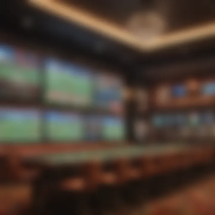 An elegant sports betting lounge in Las Vegas, filled with screens displaying game odds and stats.