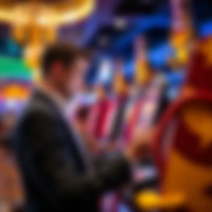 A user engaging with a mobile slot game in a lively environment