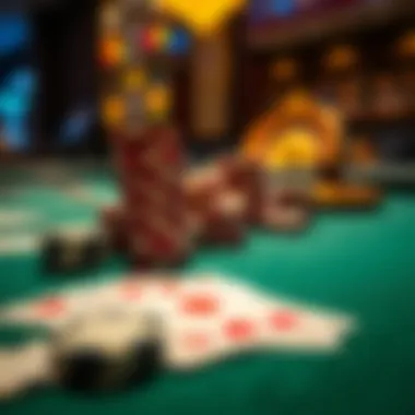 A close-up of a gaming table with chips and cards